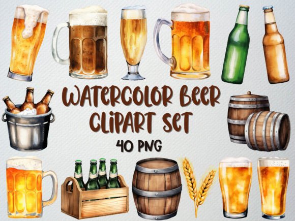 Download Watercolor Beer Clipart Set, 40 PNG - Beer clipart Collection